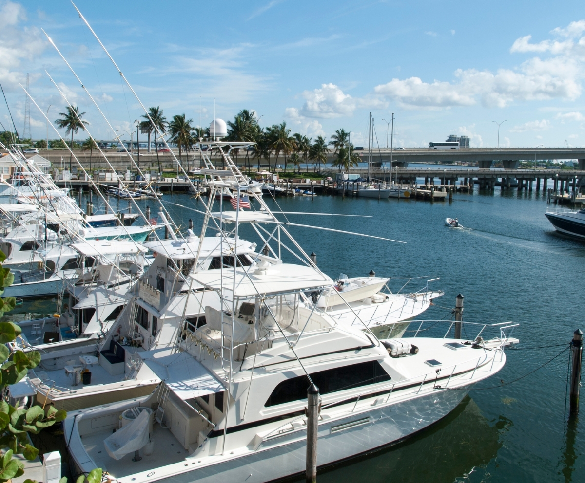 Boats docked at a Florida marina for recreational watercraft financing