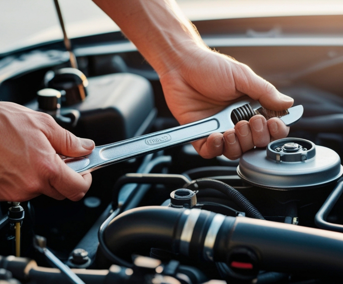 Hands using a wrench during a covered vehicle repair